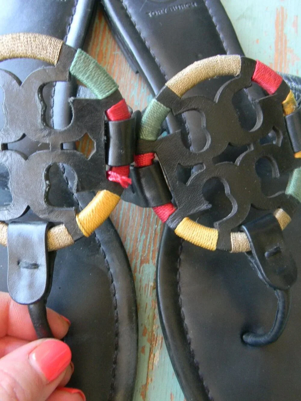Tory Burch Embroidered Rainbow BLACK LEATHER Miller Sandals  Size 9M